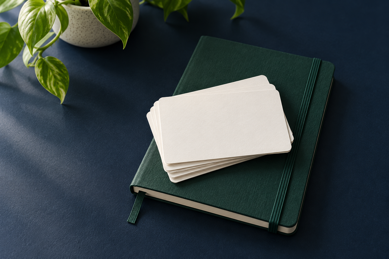 Language practice cards and a notebook arranged on a desk